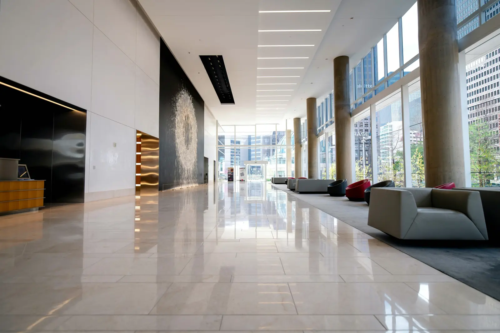 A pristine, light-filled commercial lobby kept to standard